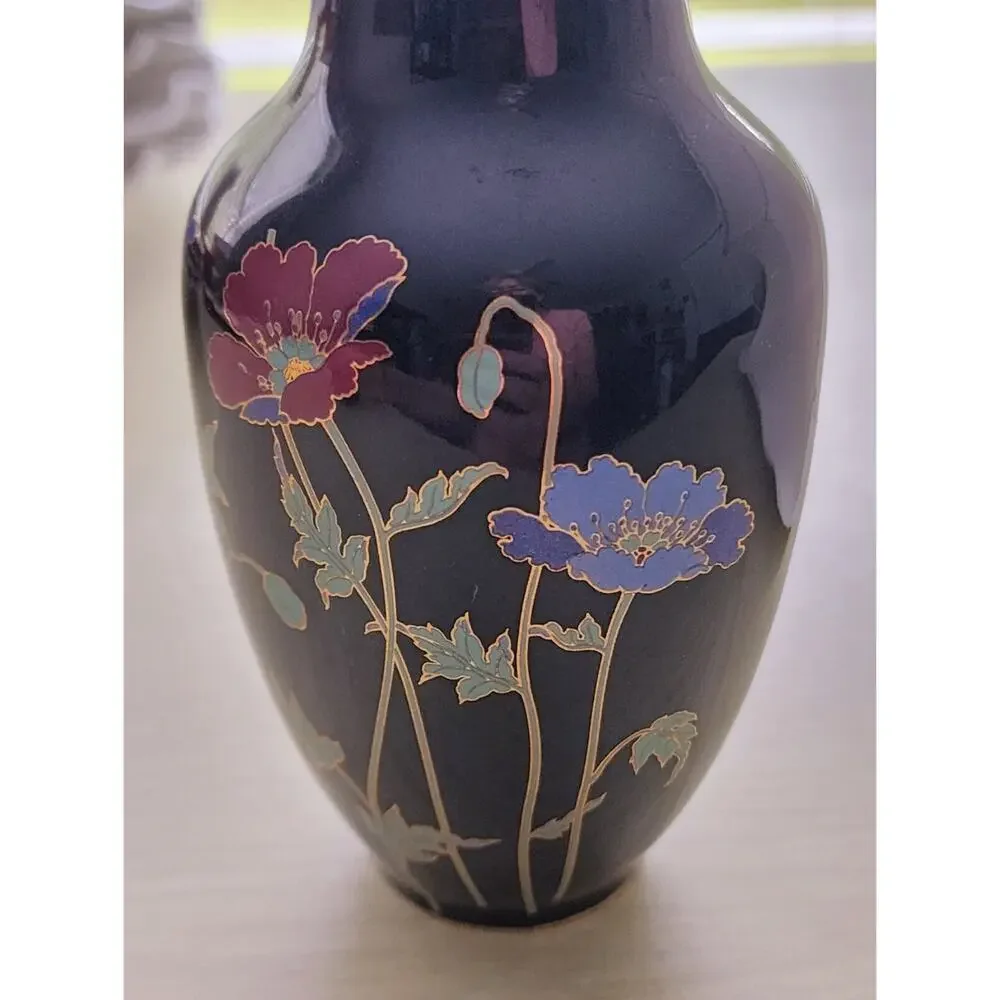 Japanese Black Floral Vase Gold Trim Poppy Design 6